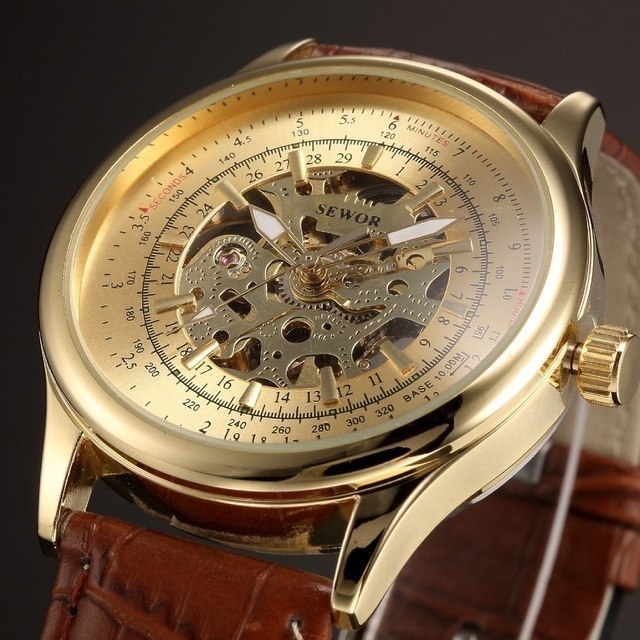 自動機械式腕時計 メンズ SEWOR トップブランドゴールドレザー メンズ腕時計スケルトンウォッチレロジオマスクリノ腕時計_画像2