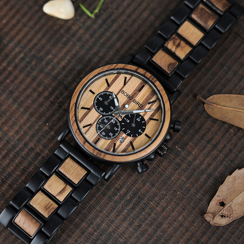 ボボ鳥木製腕時計男性 ERKEK KOL SAATI 高級スタイリッシュ木製時計クロノグラフミリタリークォーツ腕時計木製ギフ_画像3