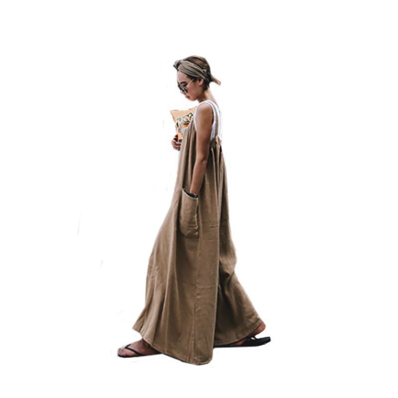 XL- beige all-in-one overall long pants overall gaucho pants linen flax wide pants 