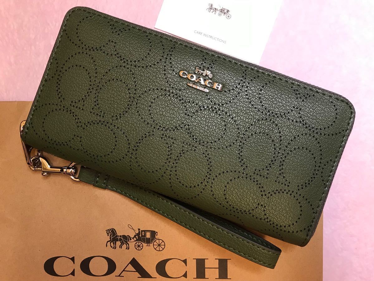 COACH コーチ 長財布 グリーンシグネチャー ストラップ付 新品