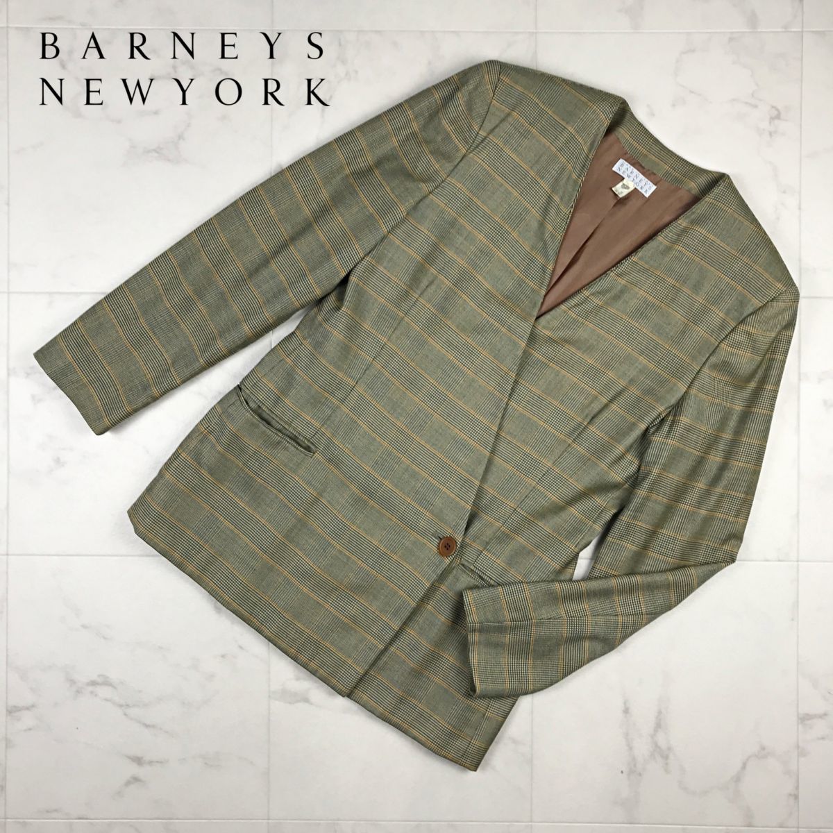 美品 BARNEYS NEW YORK バーニーズニューヨーク グレンチェック ノーカラージャケット 総裏 レディース カーキグレー サイズ42*ZA517_画像1