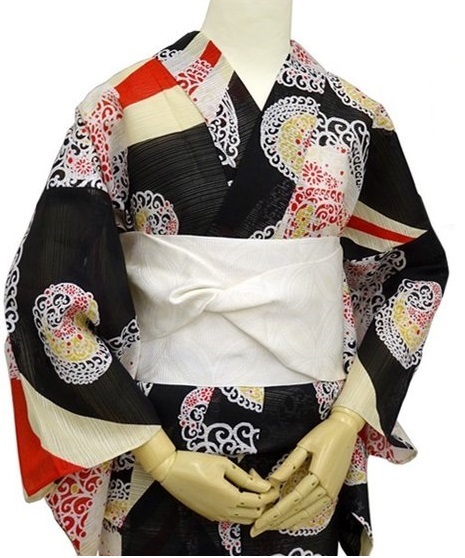 ☆新品☆岡重ブランド浴衣☆黒ベージュ赤地に白色レース唐草柄.綿絽