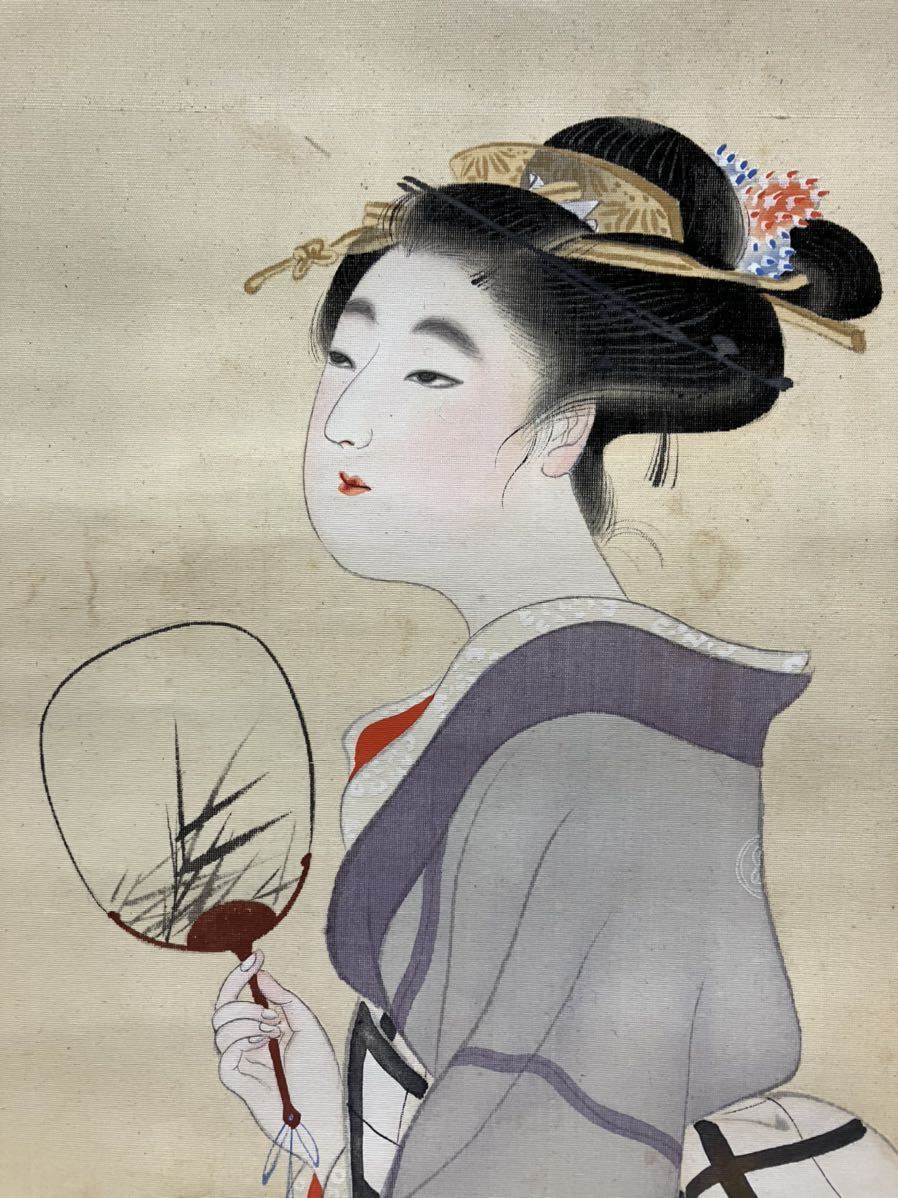 真作 松紫 浮世絵美人画 絹本 肉筆細密描画 古い掛け軸 掛軸 日本画 