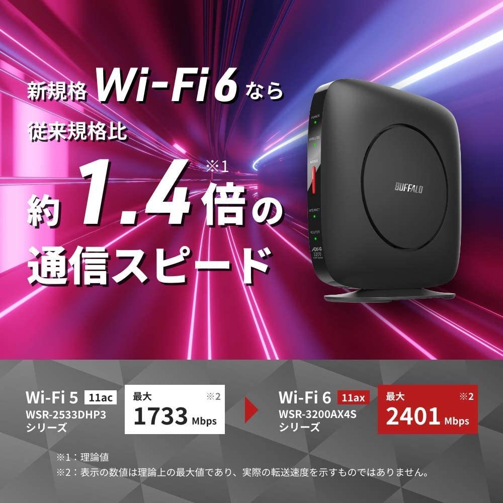 ●送料無料●美品●【BUFFALO　無線LAN親機　Wi-Fi 6 対応ルーター　WSR-3200AX4S-BK　ブラック】最新規格 WiFi6(11ax)対応　2401+800Mbps