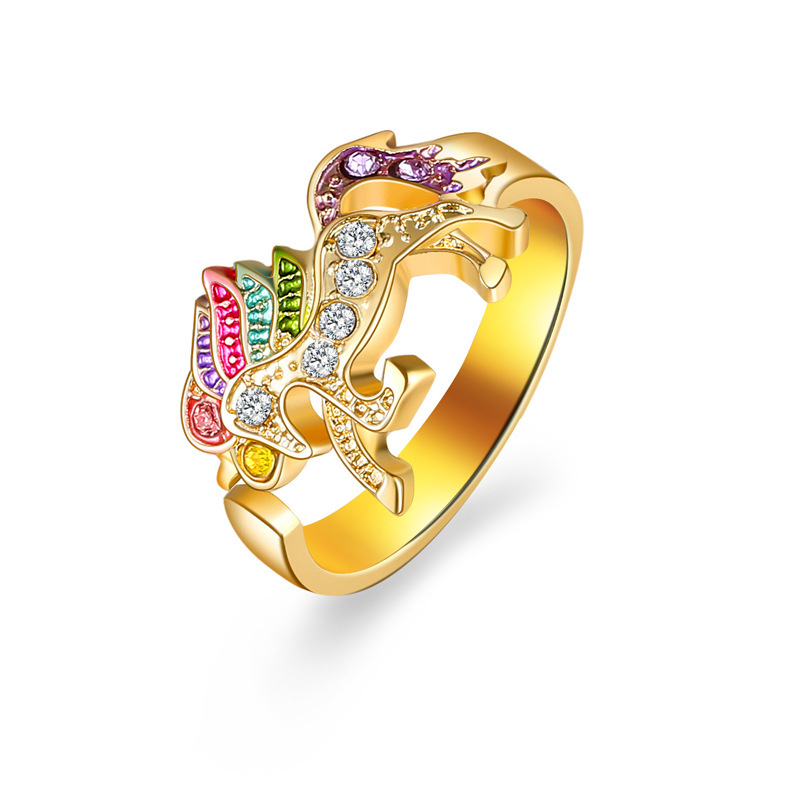 オープンリング 指輪 ゴールド ユニコーン ラインストーン カラフル レディース 韓国 調整可能 フリーサイズ 可愛い 動物 #C1168-3