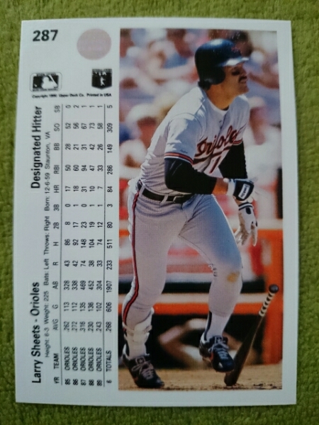 ★来日外国人 シーツ 横浜 大洋 ホエールズ LARRY SHEETS UD UPPER DECK 1990 #287 MLB BALTIMORE ORIOLES オリオールズ ラリー_画像2