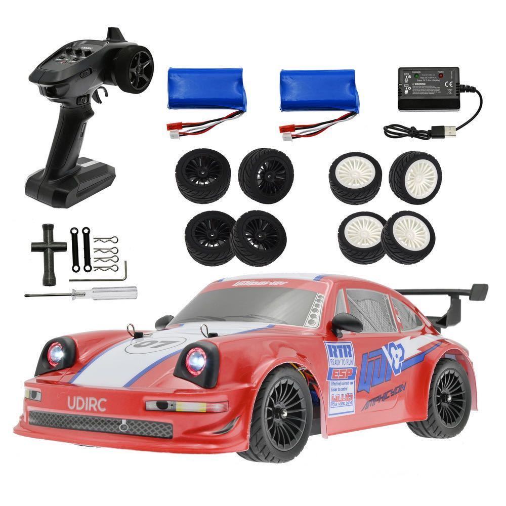 ★バッテリー2本UD1607PRO ブラシレスモーター 1/16 RC 4WDレーシングカー ESPジャイロ LEDライト 4CH ドリフト RTRラジコン ポルシェ911