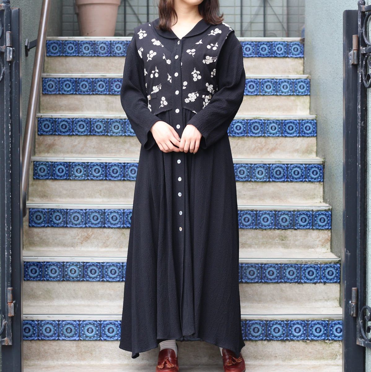 USA VINTAGE Ultra Dress EMBROIDERY LAYARD DESIGN LONG ONE PIECE/アメリカ古着刺繍レイヤードデザインロングワンピース