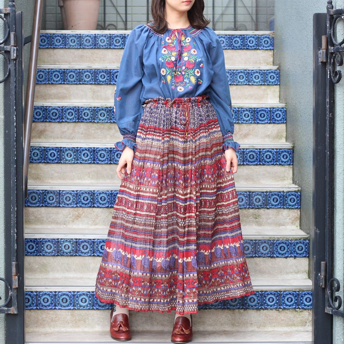 USA VINTAGE ETHNIC PATTERNED LONG SKIRT/アメリカ古着エスニック柄ロングスカート