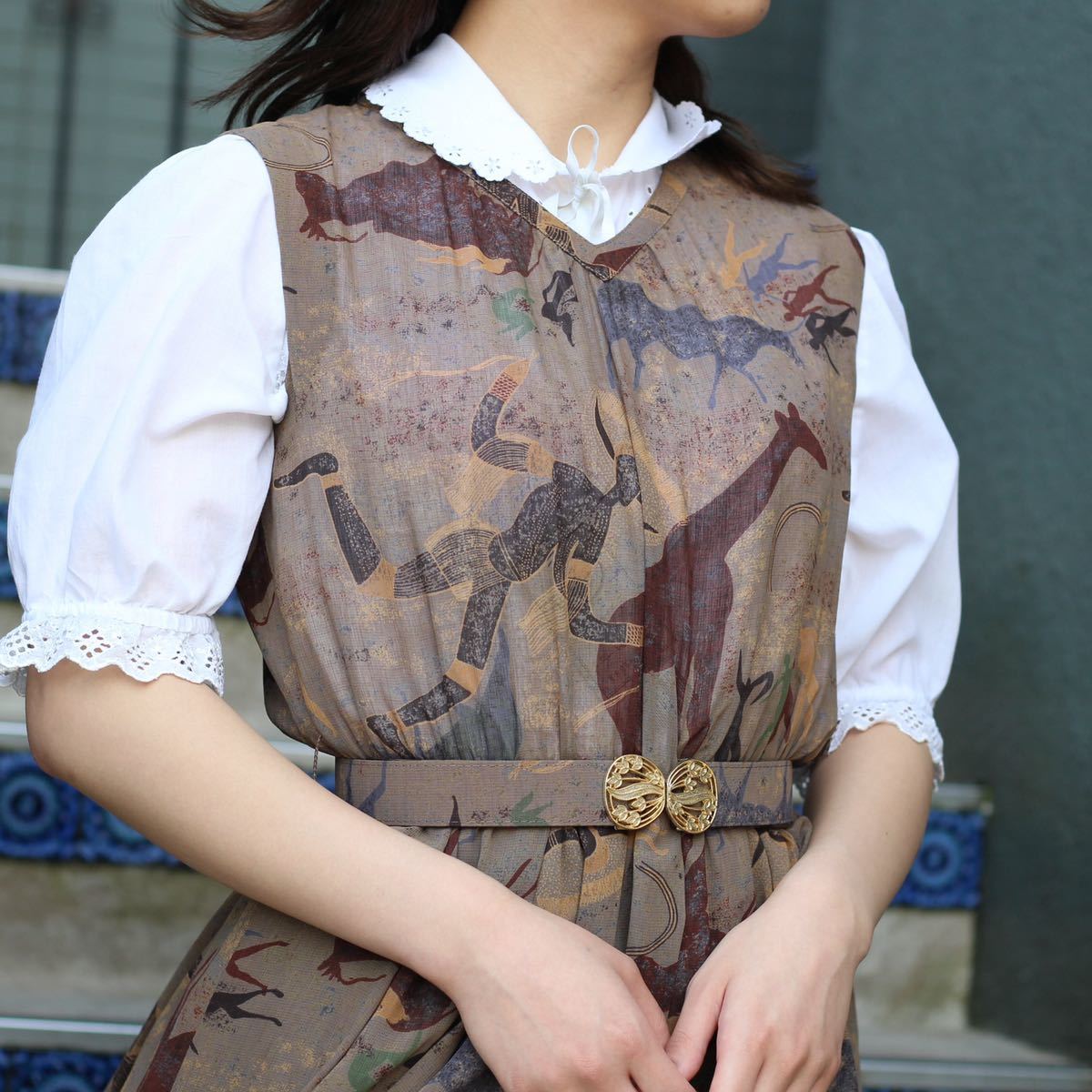 RETRO VINTAGE ANIMAL PATTERNED BELTED DESIGN ONE PIECE/レトロ古着