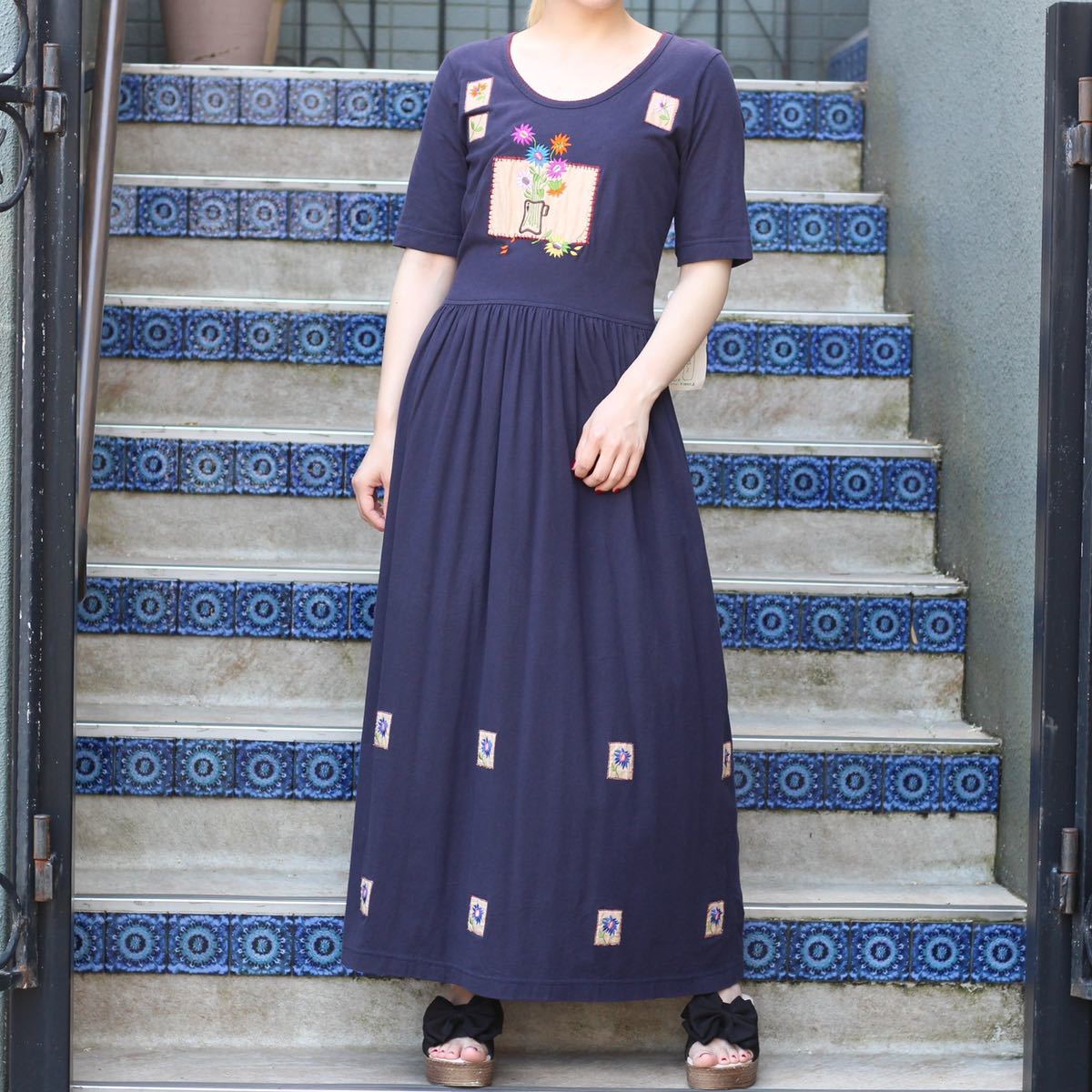 USA VINTAGE karin steavens HALF SLEEVE EMBROIDERY DESIGN ONE PIECE/アメリカ古着半袖刺繍デザインワンピース