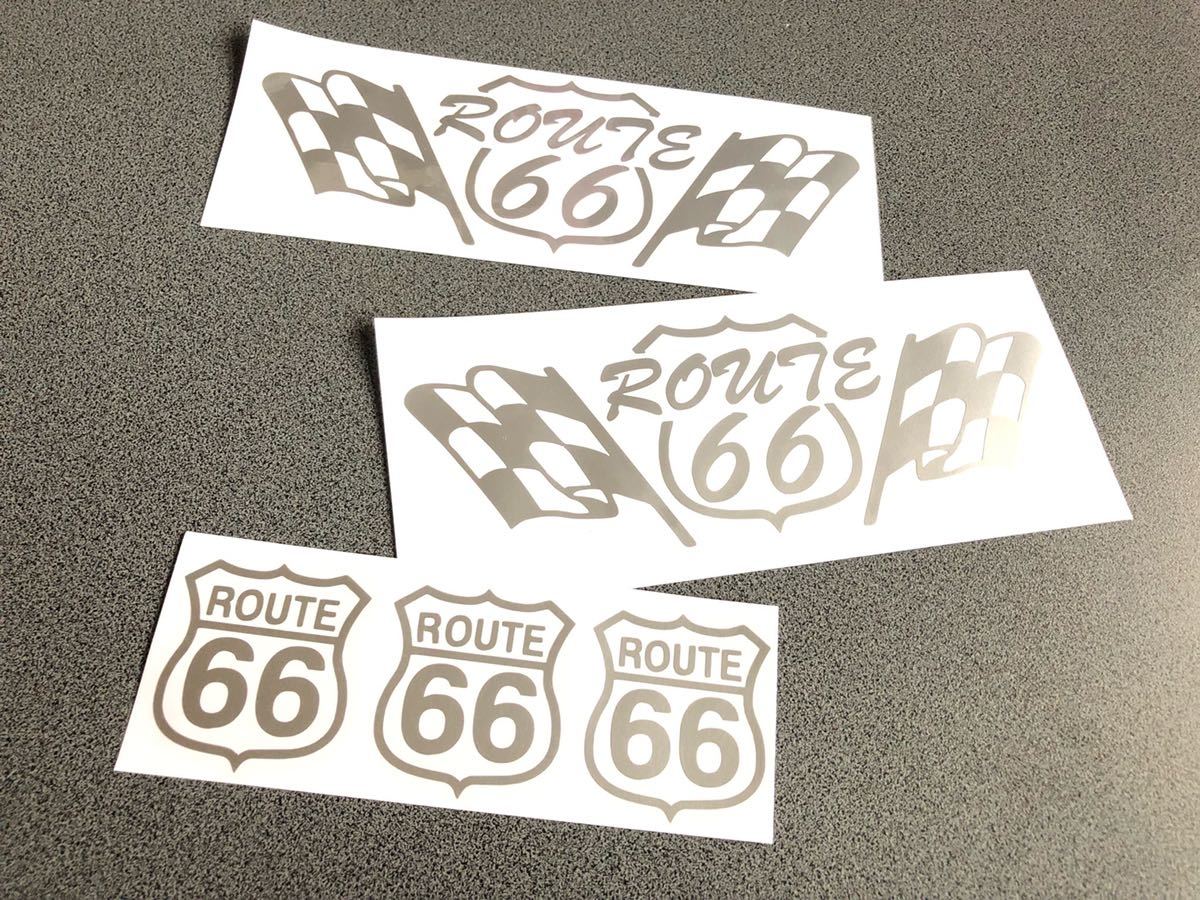 送料無料♪ ROUTE66 チェッカー ステッカー シルバー お得5枚セット ルート US 世田谷ベース ハーレー アメ車 （文字変更可能）_画像1