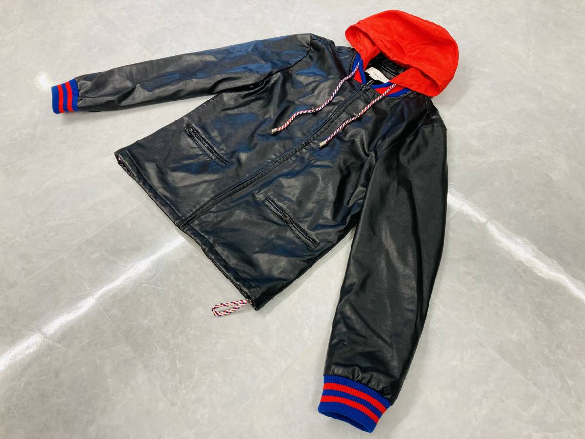 9 売り切り1円スタート♪ GUCCI グッチ フード付きレザージャケット