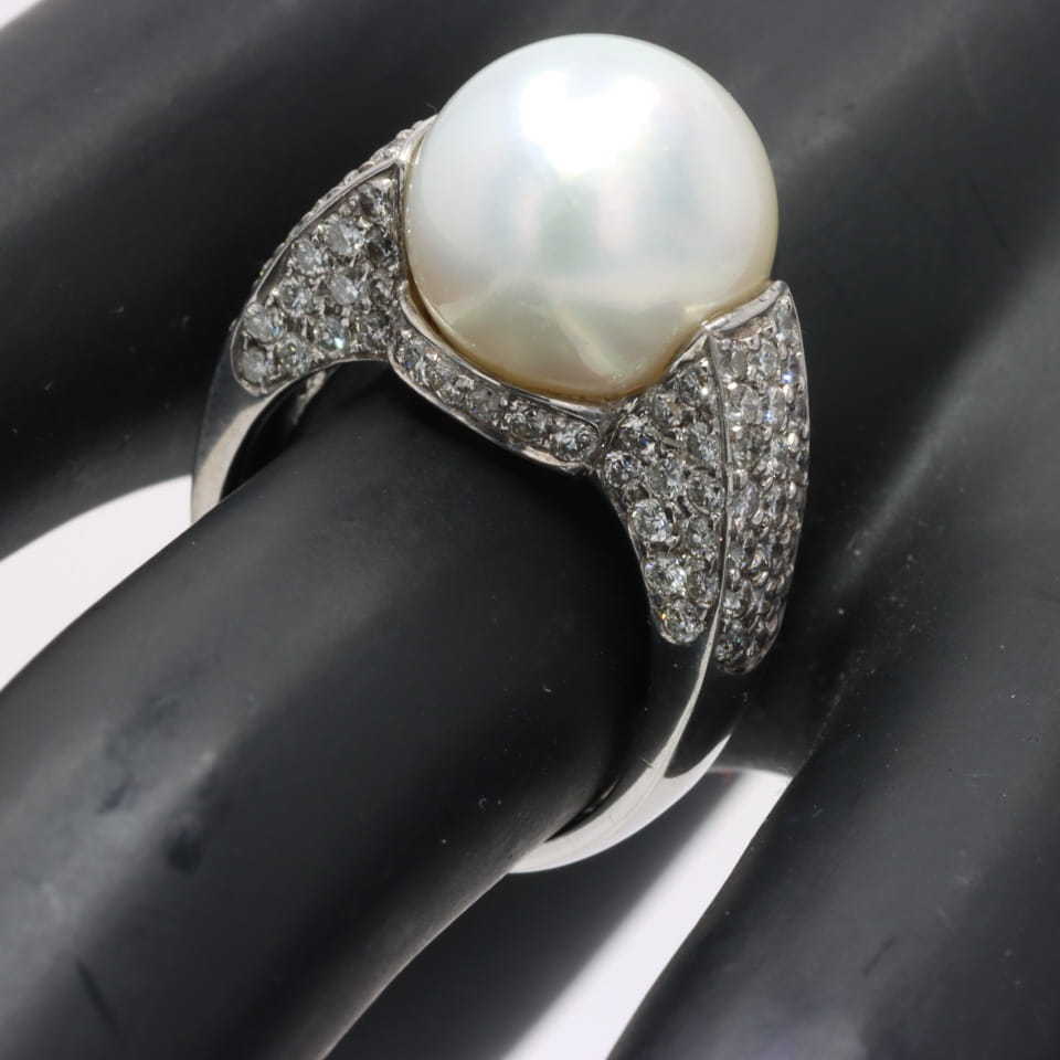 Ponte Vecchiopontevekio large grain pearl diamond K18WG ring D:1.61ct 11 number size 10.4g pearl diameter :12mm[03978]