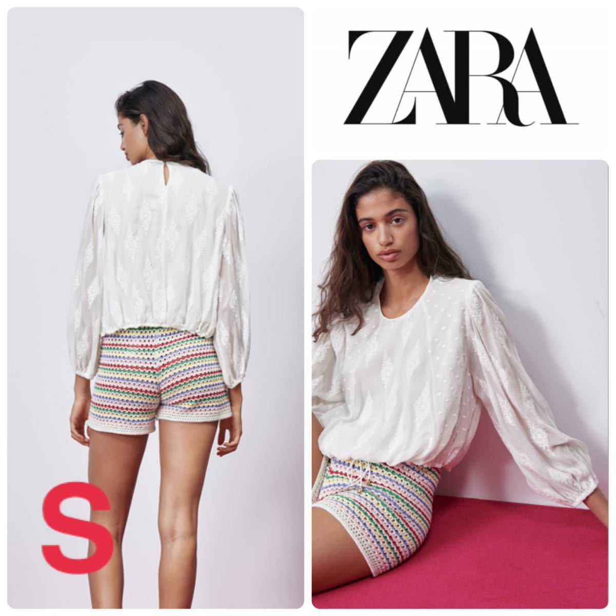 ZARA ザラ EMBROIDERED SHIRT 刺繍シアーブラウス　S 白　ホワイト　ドット　花柄　長袖 トップス