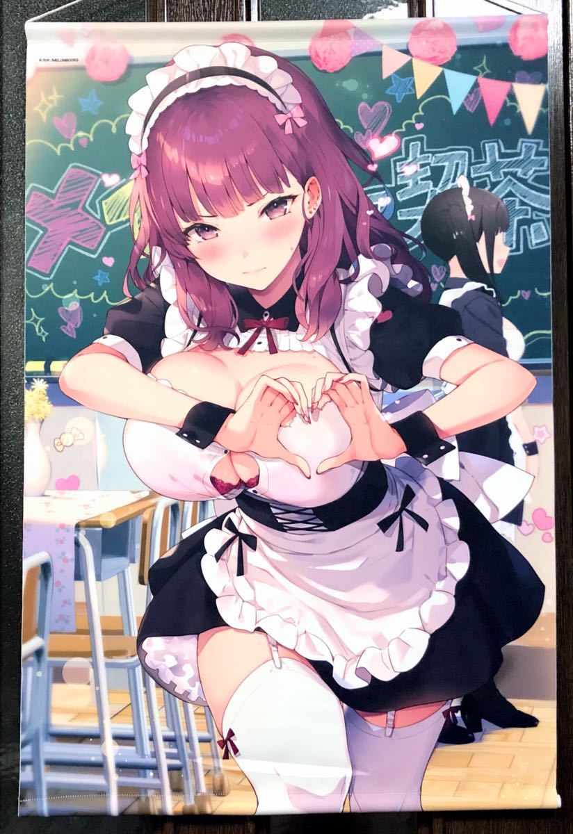 カット 描き下ろしB2タペストリー メロンブックス メイド服 下着 ブラチラ 照れ顔 赤面 手でハート ハートポーズ 赤髪 美少女 グッズ 13