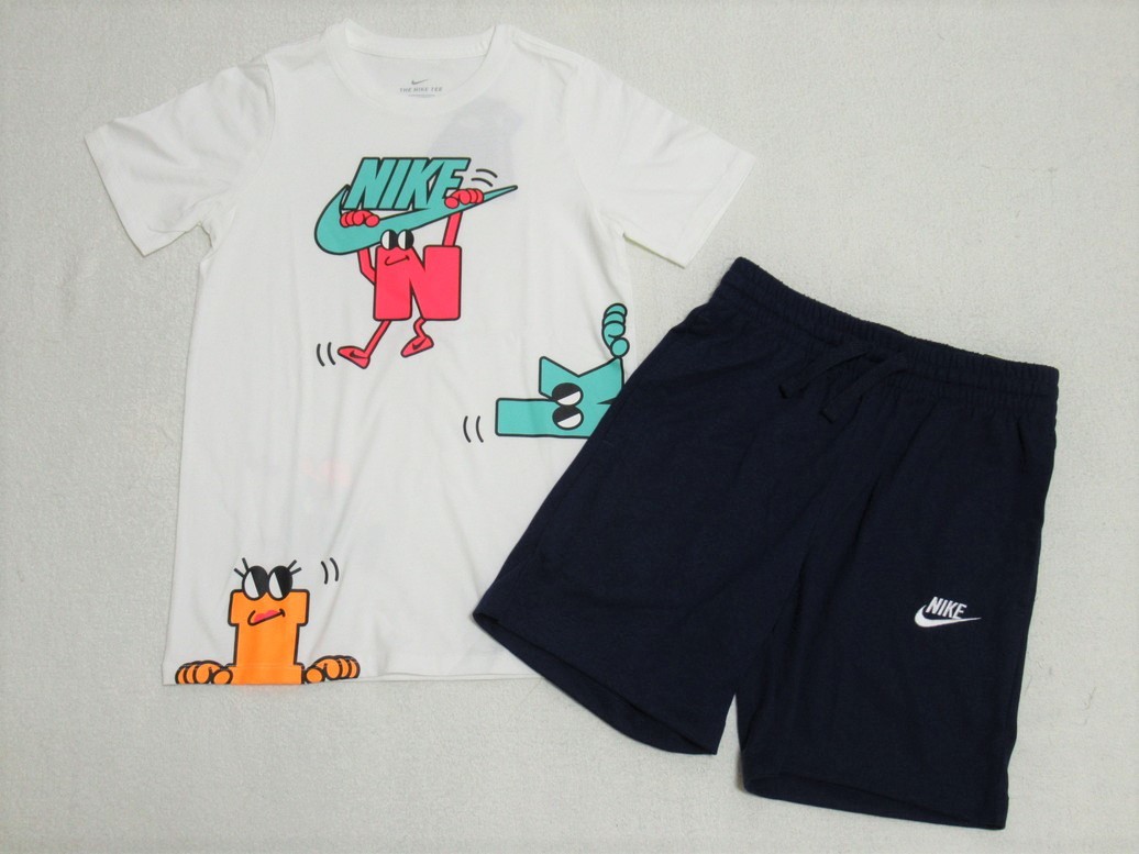 NIKE Junior T-shirt short pants setup white navy blue 150 Nike sweat top and bottom set summer Cara DJ5380-100 DA0806-492