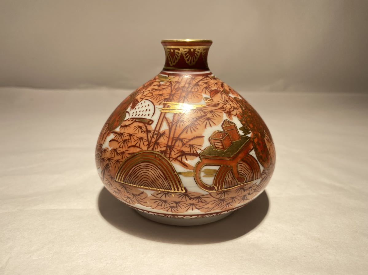 中国 赤絵 花鳥文 天球瓶 C 3570B △J158 湖東焼 花瓶 赤絵 金彩 人物図 粉彩 色絵 中国 花入 花生