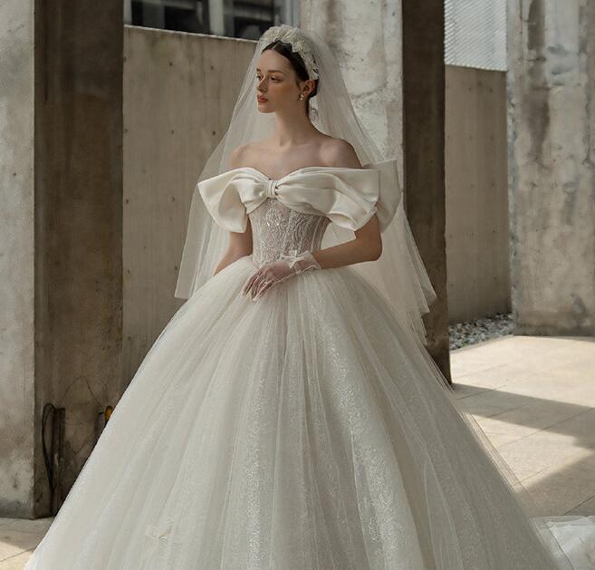 [ Angel. wedding dress ] high-end satin French Princess style wedding bow tube top veil wedding dress 