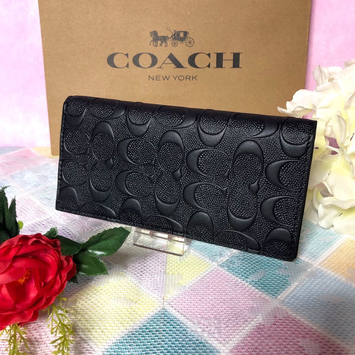 卓抜 COACH コーチ 新品 ブラック 長財布 メンズ レディース 財布 黒 085