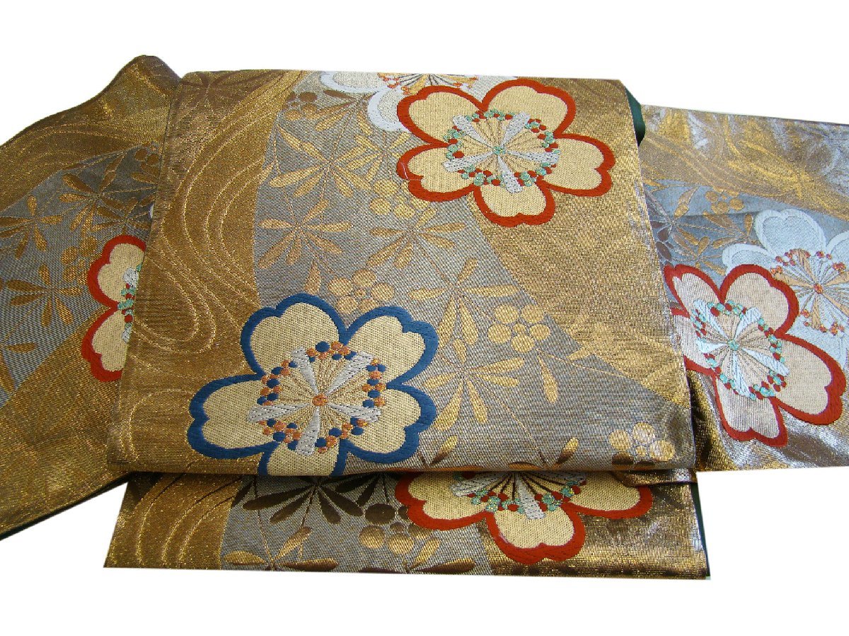 時代屋 美品 振袖用 西陣織 金地 袋帯 正絹 仕立上り 花柄 Fs653_画像2