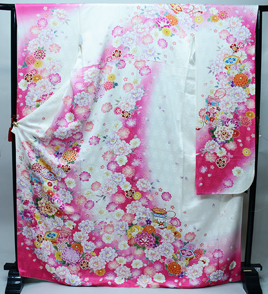  long-sleeved kimono silk kimono single goods brand new 100 flower .. white × pink coming-of-age ceremony betrothal present wedding new goods ( stock ) cheap rice field shop NO34667