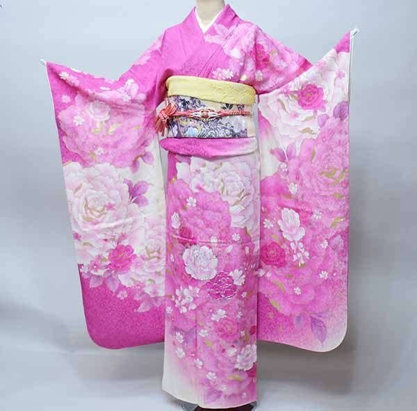 振袖 正絹 着物 単品 仕立て上がり バラ ピンク 成人式 結納 結婚式 新品 (株) 安田屋 NO35955