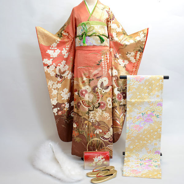  long-sleeved kimono kimono full set silk 100 flower ..7 days rental small articles till all ..20 point complete set ( stock ) cheap rice field shop [ rental ]R178