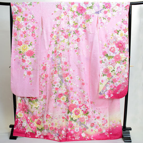  long-sleeved kimono kimono full set silk 100 flower ..7 days rental small articles till all ..20 point complete set ( stock ) cheap rice field shop [ rental ]R118