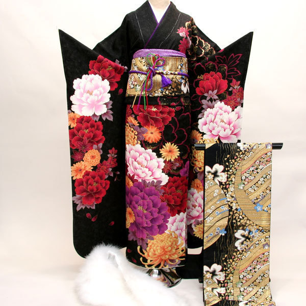  long-sleeved kimono kimono full set silk 100 flower ..7 days rental small articles till all ..20 point complete set ( stock ) cheap rice field shop [ rental ]R10