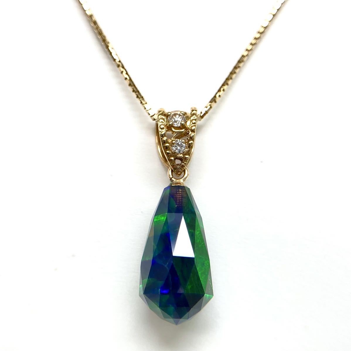 《K18YG 天然ダイヤモンド付き ブラックオパールペンダント》0.04ct 3.00ct 2.9g 46.0cm diamond ペンダント opal pendant jewelry EA0_画像1