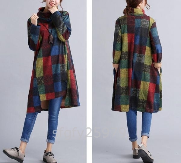 C071*M~2XL size autumn winter new goods casual pretty adult long sleeve tunic One-piece check pattern 304050 fee thick cloth easy large size blue 