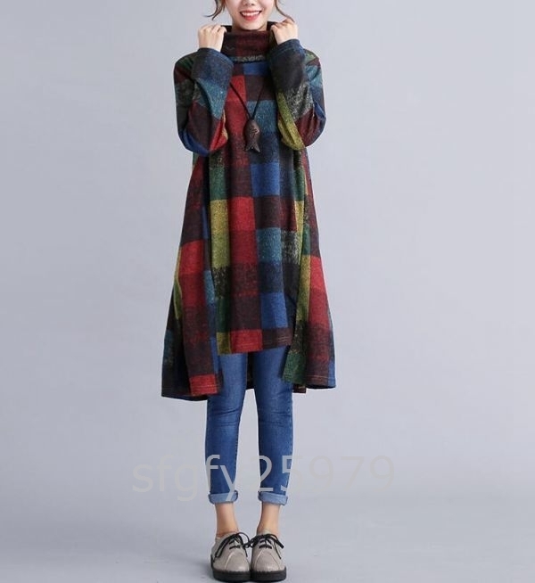 C071*M~2XL size autumn winter new goods casual pretty adult long sleeve tunic One-piece check pattern 304050 fee thick cloth easy large size blue 