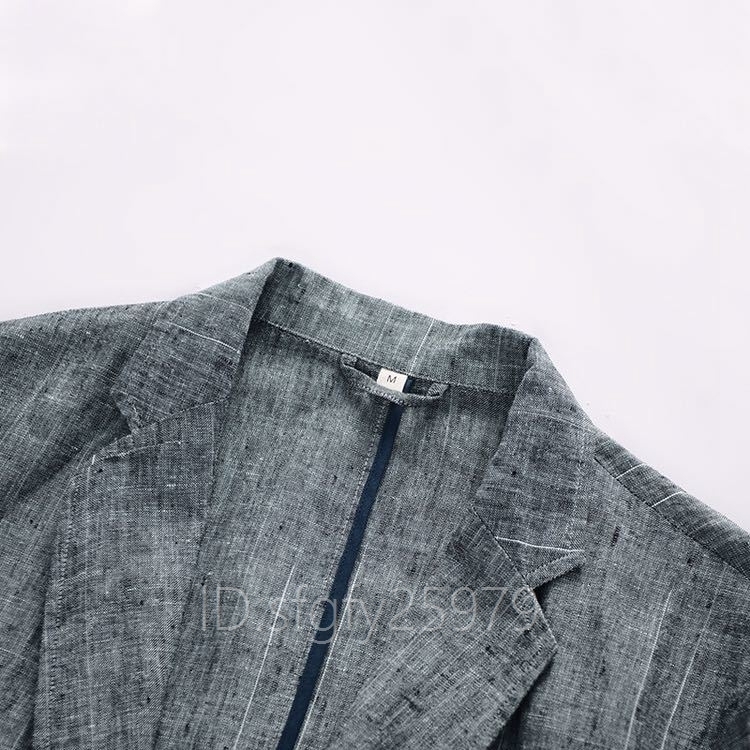 Q07☆新品メンズ 細身 カジュアル ストライプ柄 麻綿 紳士コート スーツ リネン ジャケット S~2XL紺_画像6