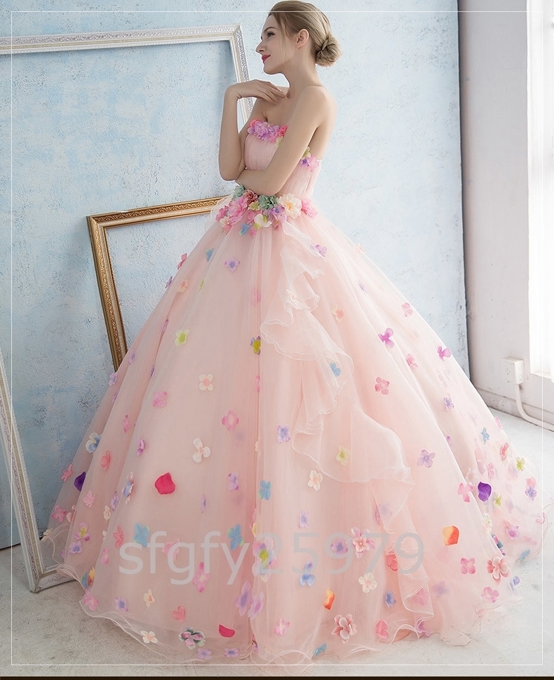 C529☆パーティドレス Ａライン ビスチェ 結婚式 超可愛い カラードレス ウェディングドレス 演奏会 舞台 写真 ピンク 白 全2色_画像5