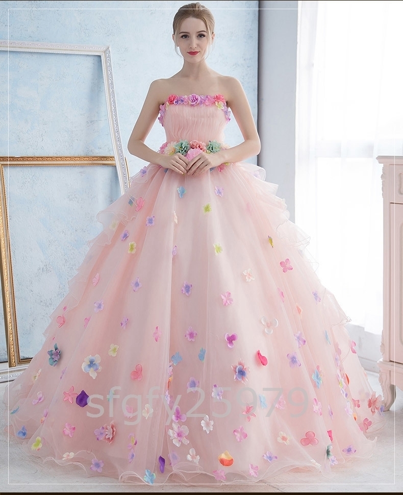 C529☆パーティドレス Ａライン ビスチェ 結婚式 超可愛い カラードレス ウェディングドレス 演奏会 舞台 写真 ピンク 白 全2色_画像1