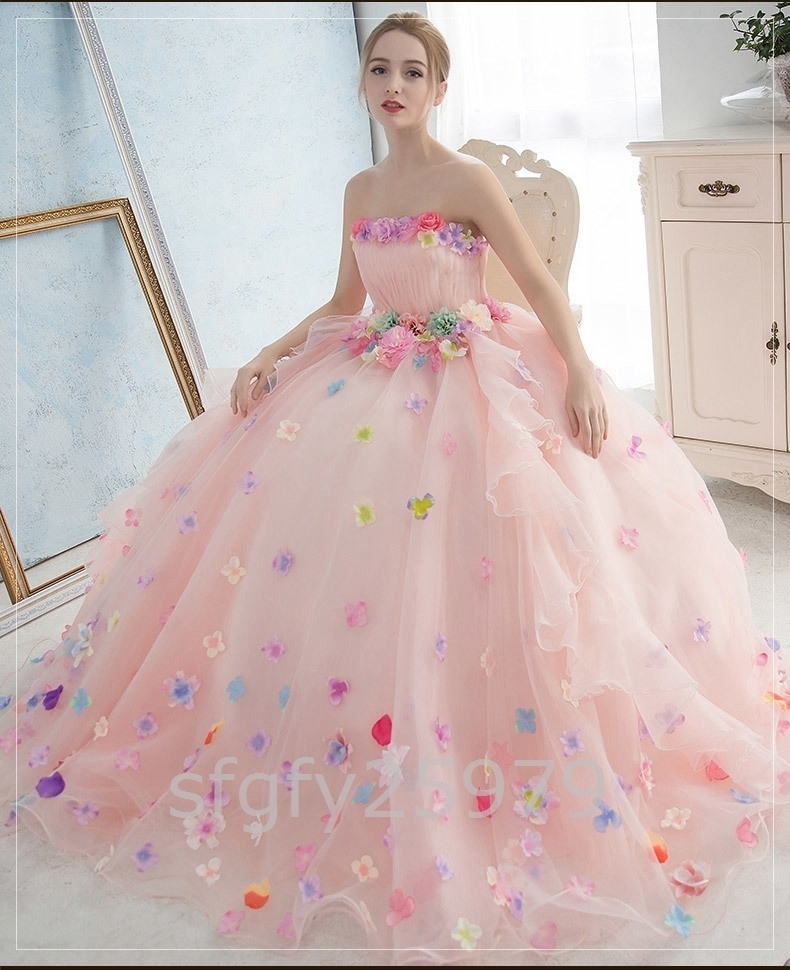 C529☆パーティドレス Ａライン ビスチェ 結婚式 超可愛い カラードレス ウェディングドレス 演奏会 舞台 写真 ピンク 白 全2色_画像4