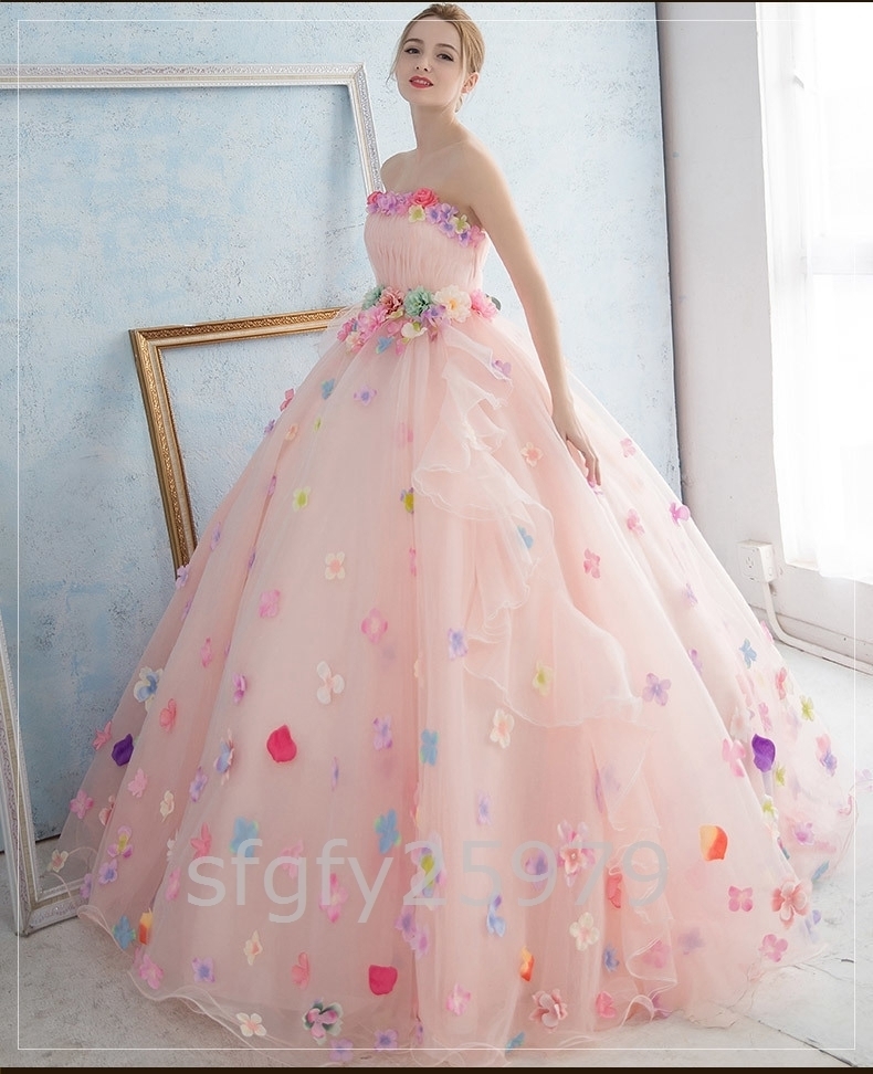 C529☆パーティドレス Ａライン ビスチェ 結婚式 超可愛い カラードレス ウェディングドレス 演奏会 舞台 写真 ピンク 白 全2色_画像3