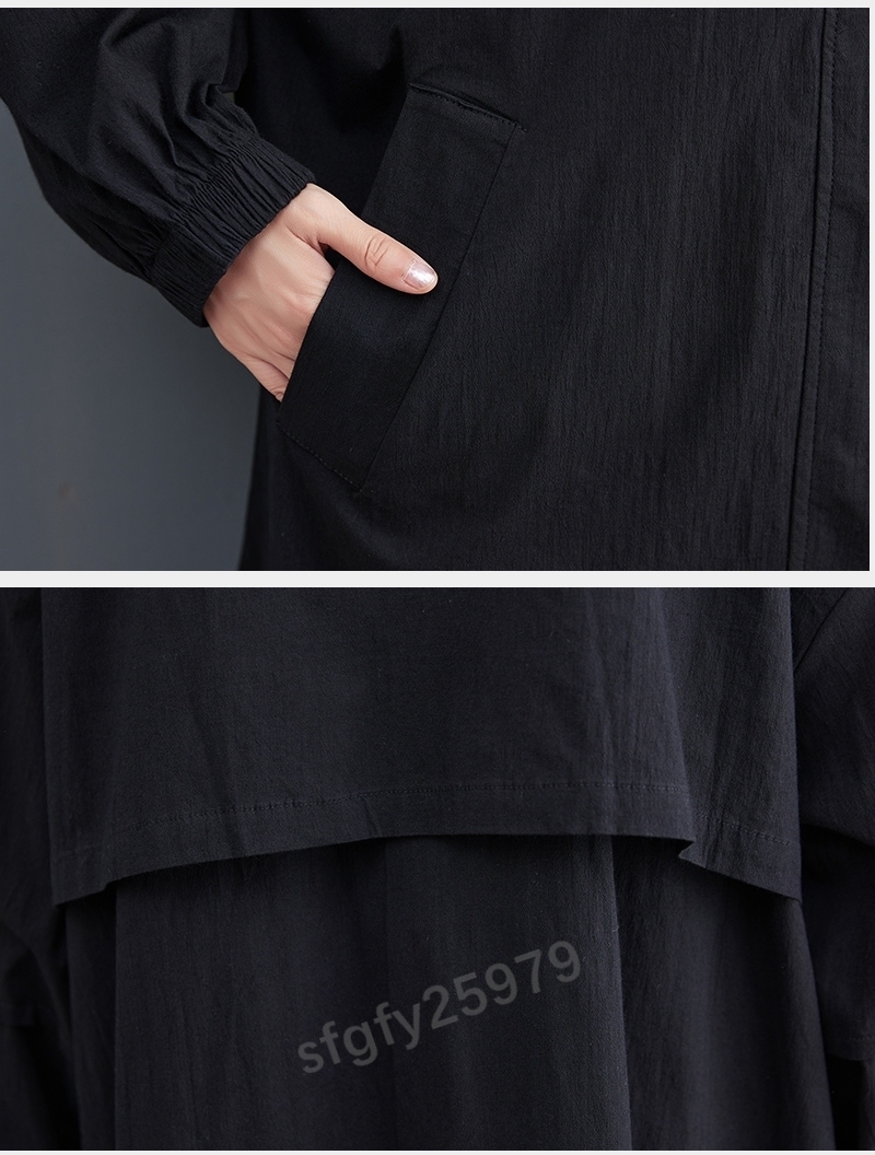 H524☆新品春 レディース カジュアル ゆったり大きいサイズ 体型カバー トレンチコートスプリングコート黒_画像5