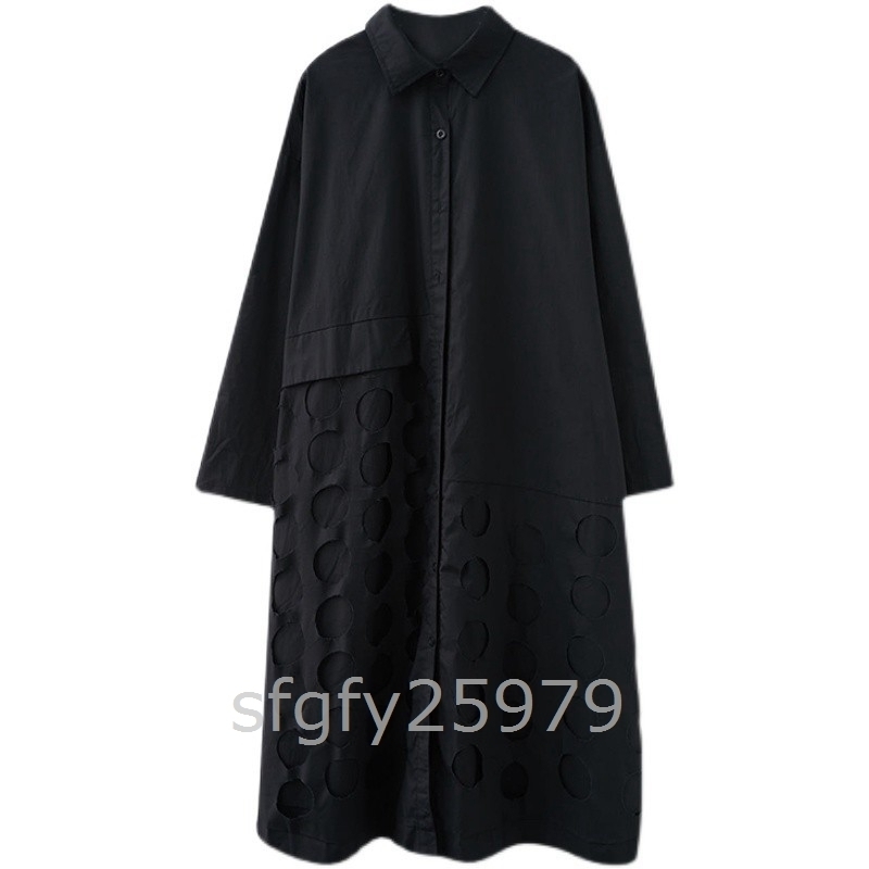 D150☆長袖 体型カバー シャツロングワンピース Ｌサイズ 上質 コットン オシャレ 大きいサイズ 20代304050代 ☆黒_画像4
