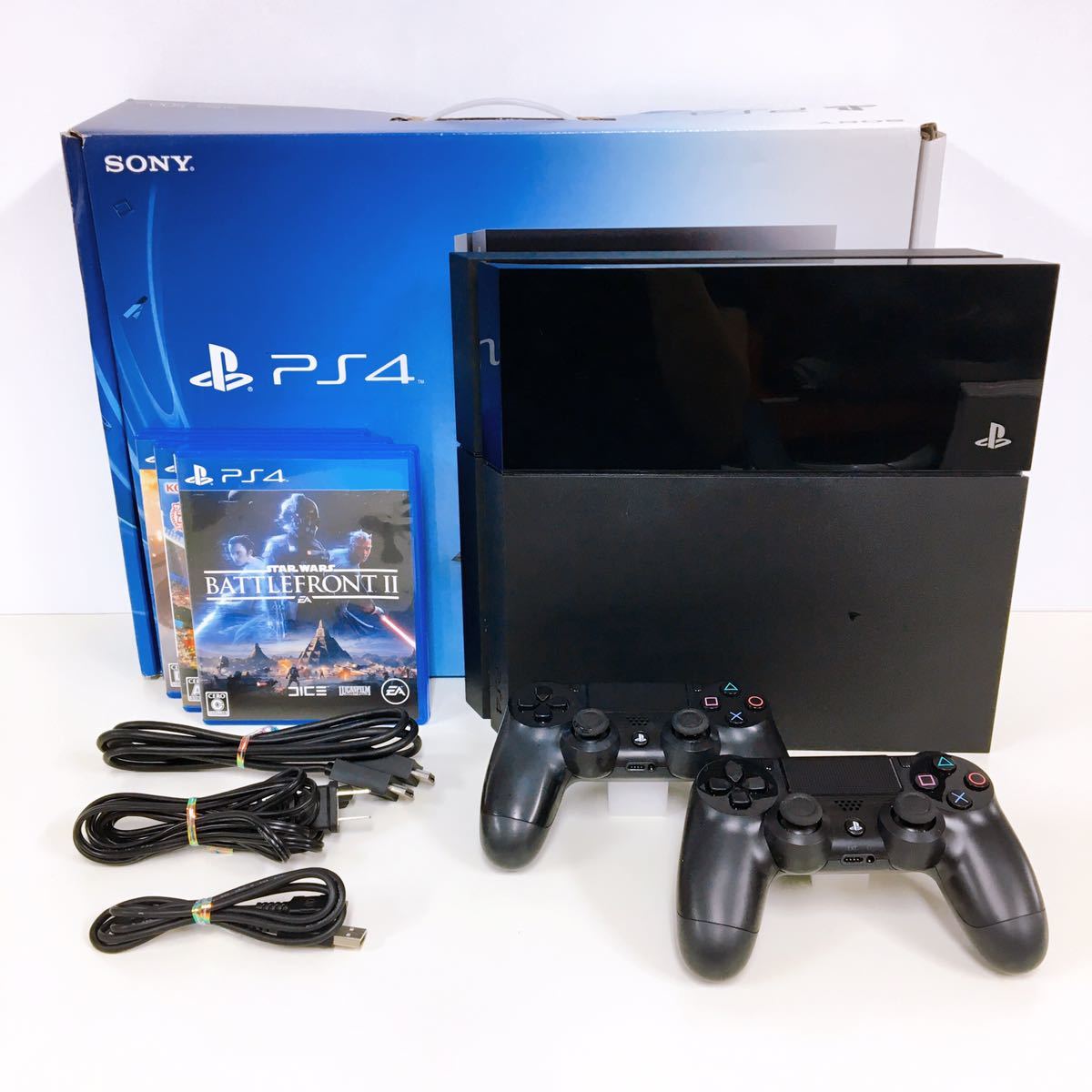 23【】Playstation4 本体 CUH-1000A ジェットブラック コントローラー ケーブル 箱付き 動作確認済み PS4  ソフト3本セット 現状品