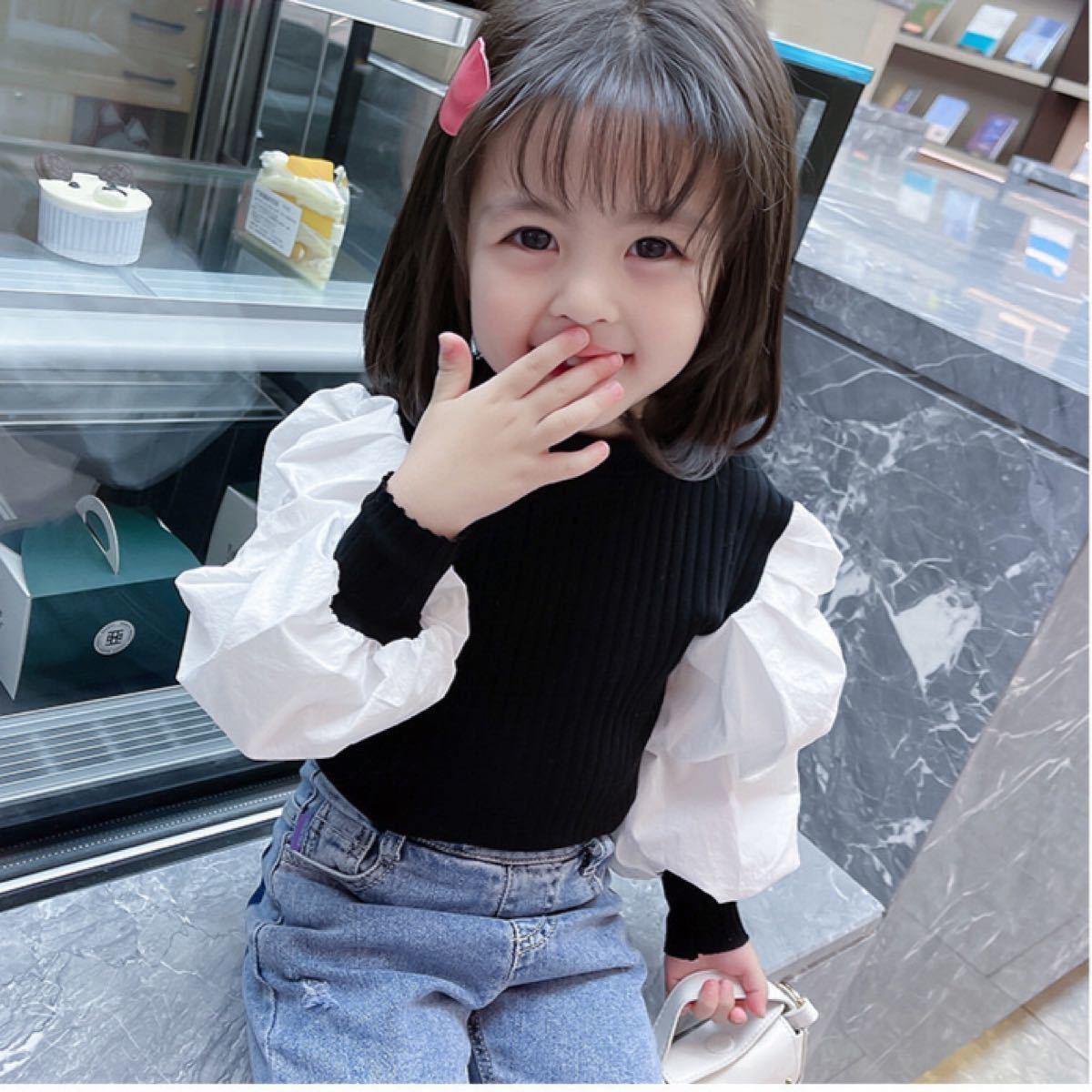 Paypayフリマ キッズ 女の子 パフスリーブ ボリューム袖 姫袖 ドッキング 人気 韓国子供服 可愛い トップス 姫系 ガールズ