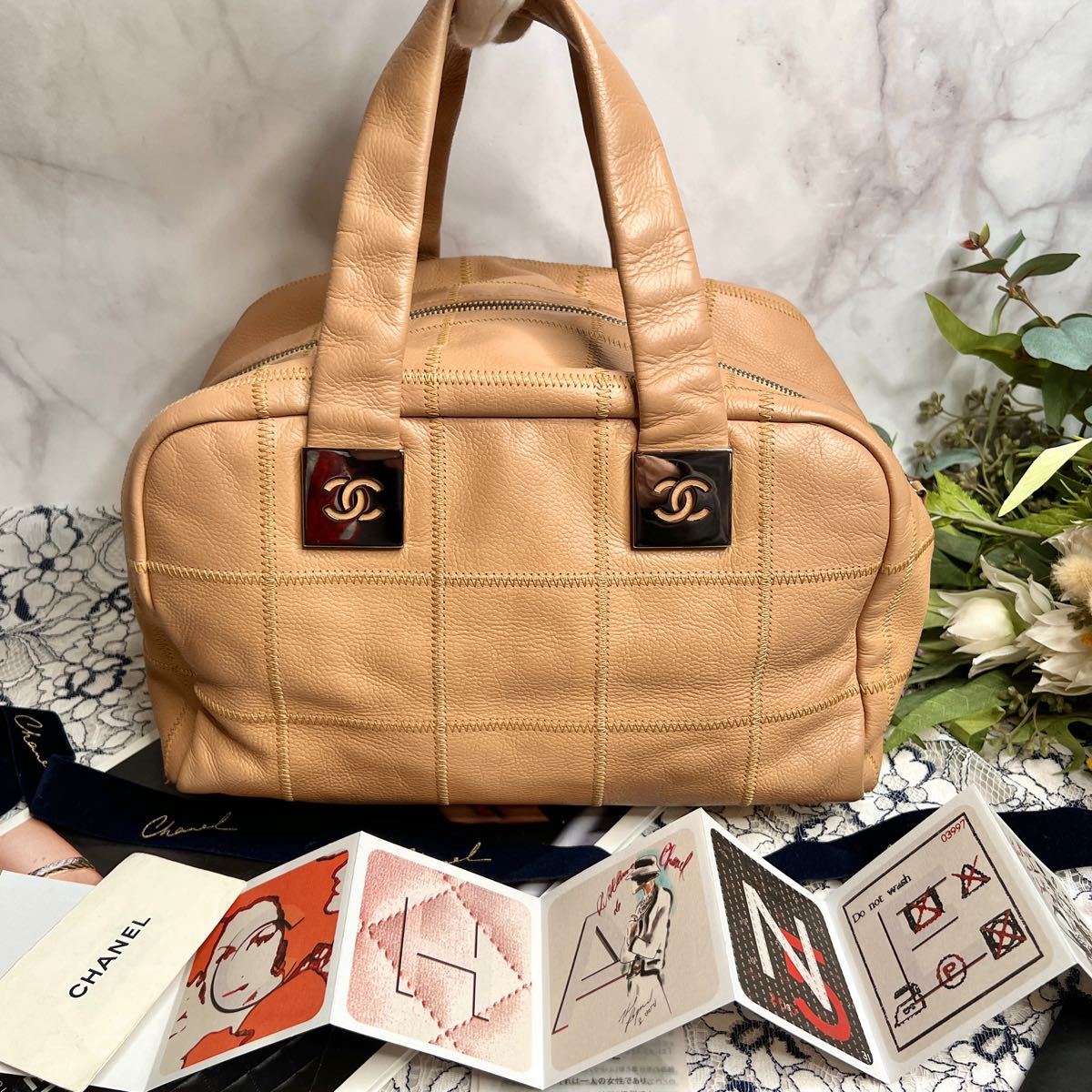 CHANEL シャネル チョコバー ボストンバック ハンドバッグ ベージュ