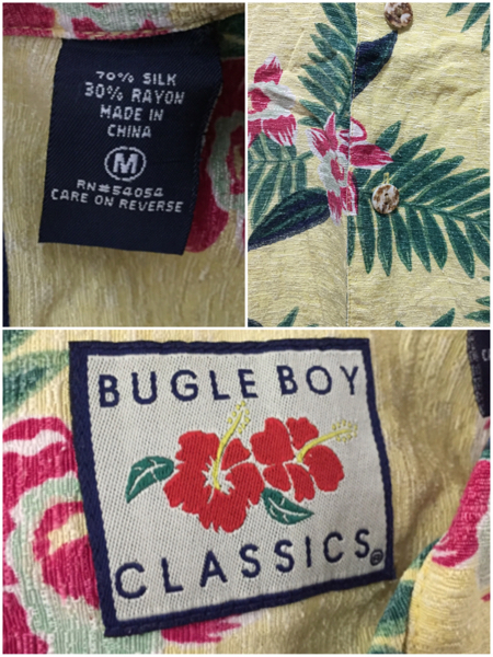 USA古着 ハワイアンアロハシャツ シルクレーヨンシャツ 黄色 BUGLE BOY CLASSICS ヤシの葉 ハイビスカス M_画像3