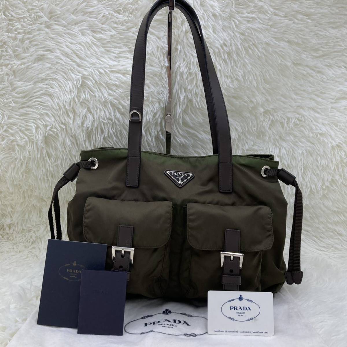 PRADA プラダ トートバッグ ハンドバッグ カーキ 三角プレート 三角