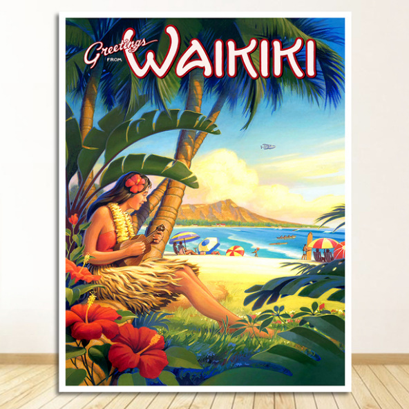  C1792 ハワイ ホノルル サーフ サーフィン ワイキキ HAWAII 海 キャンバスプリントポスター 50×70cm インテリア 海外製 枠なし E_画像1