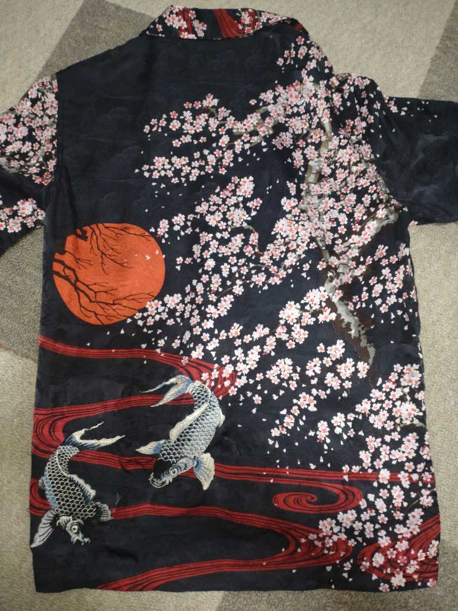 スクリプト 花旅楽団 シルク アロハシャツ M 鯉 桜 刺繍 和柄 龍 絡繰魂 昇り鯉 昇り龍 半袖 シャツ