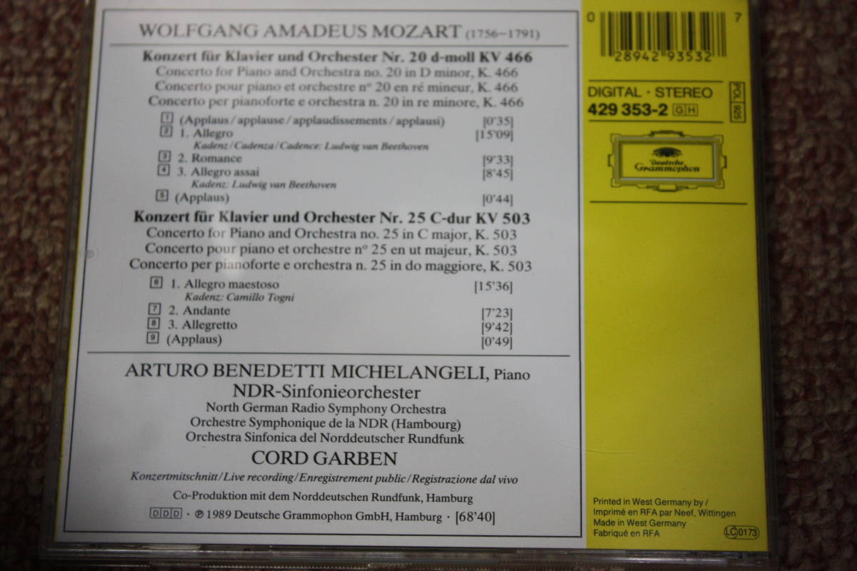 モーツァルト:ピアノ協奏曲第20番K.466/ピアノ協奏曲第25番K.503/ミケランジェリ/コード・ガーベン(指揮)北ドイツ放送交響楽団/CD_画像3