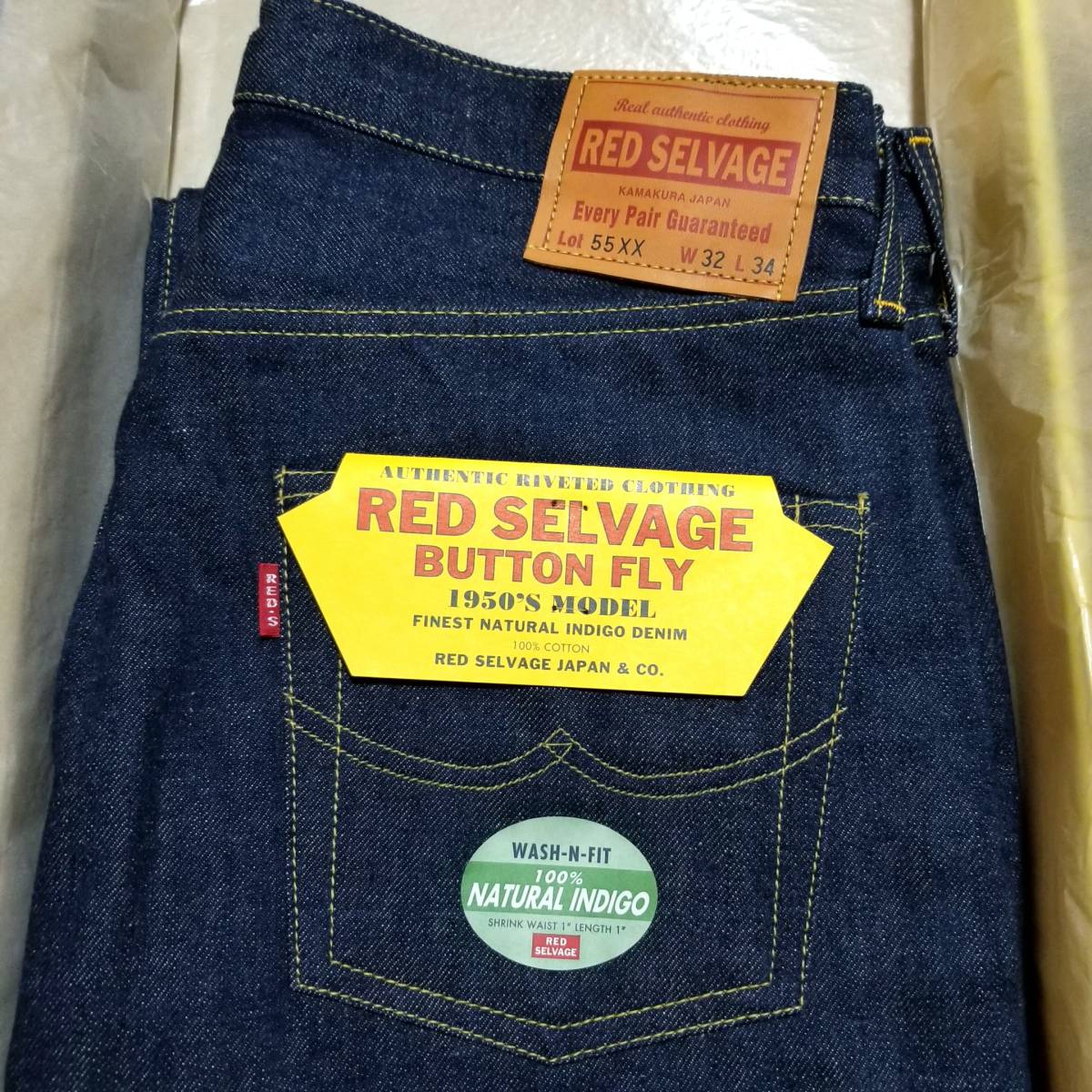 希少　RED SELVAGE W32　1950sモデル　天然藍　本藍　正藍　ジーンズ　デニム　Jeans　Denim　Natural indigo Hand Dyed　本藍染め　JAPAN_パッチ&バックポケット