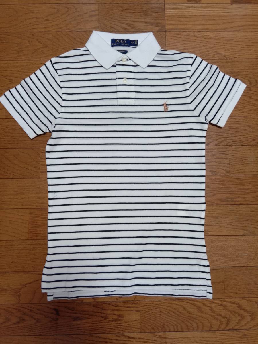 ポロラルフローレン　polo ralph lauren 半袖ポロシャツ　半袖シャツ　鹿の子生地　custom fit 　ボーダー　白x黒　日本Mサイズ相当　と37_画像1